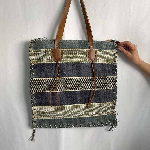 Woven Stripe Canvas Tote with Leather Handles - Gray & Cream - Picture 2 of 5